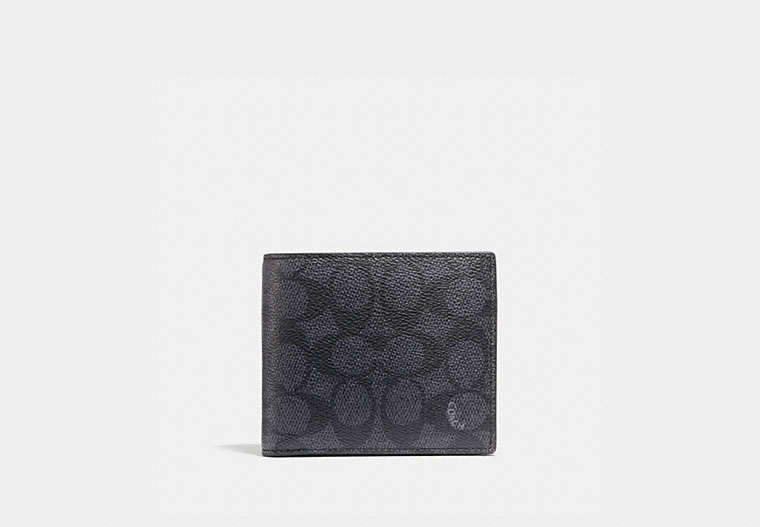 COACH®,COIN WALLET IN SIGNATURE CANVAS,Signature Coated Canvas/Smooth Leather,Charcoal/Black,Front View