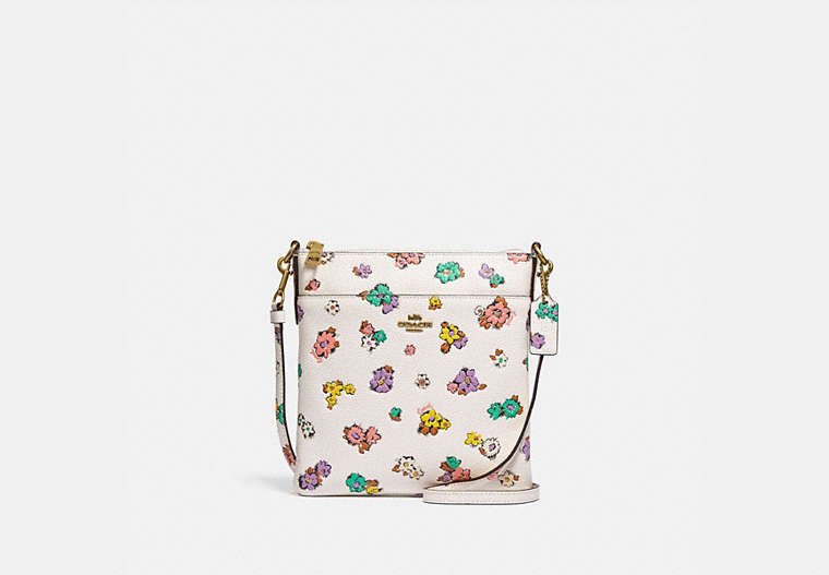 COACH®,KITT MESSENGER CROSSBODY WITH FLORAL PRINT,Pebble Leather,Mini,Brass/Chalk,Front View