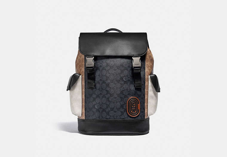 COACH®,RIVINGTON BACKPACK IN COLORBLOCK SIGNATURE CANVAS,n/a,Large,Black Copper/Charcoal Multi,Front View