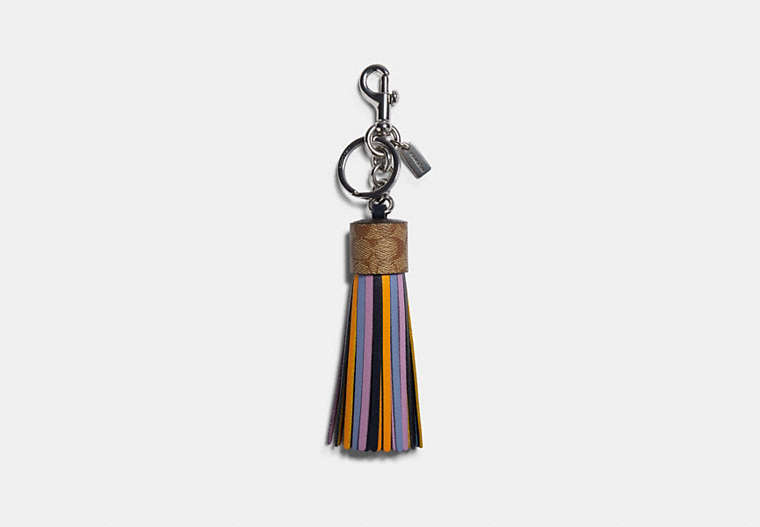COACH®,TASSEL BAG CHARM IN COLORBLOCK SIGNATURE CANVAS,Leather,Silver/Multi,Front View