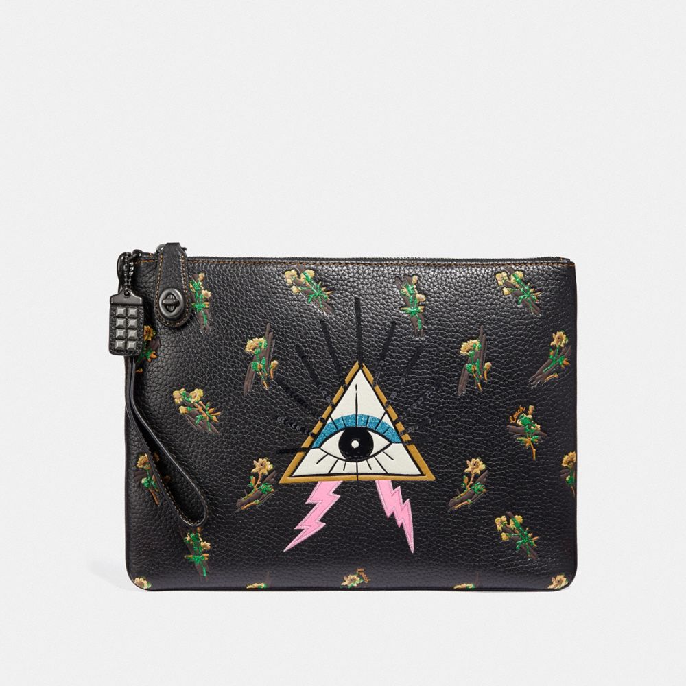 COACH®,TURNLOCK WRISTLET 30 WITH PYRAMID EYE,Leather,Pewter/Black,Front View