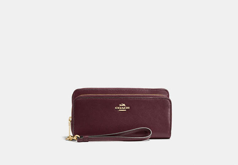 COACH®,DOUBLE ACCORDION ZIP WALLET IN SMOOTH LEATHER,Leather,Light Gold/Oxblood,Front View