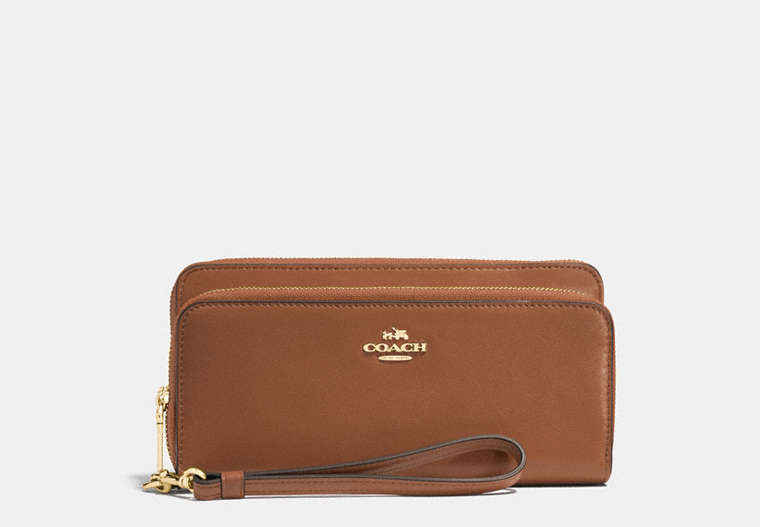 COACH®,DOUBLE ACCORDION ZIP WALLET IN SMOOTH LEATHER,Leather,Light Gold/Saddle,Front View