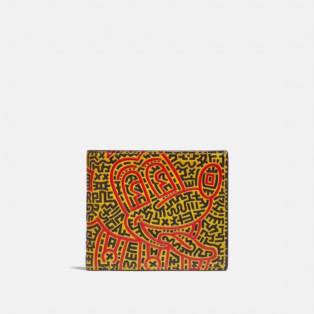 COACH®,DISNEY MICKEY MOUSE X KEITH HARING DOUBLE BILLFOLD WALLET,Black,Front View