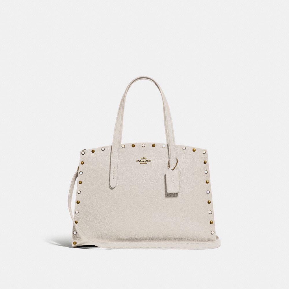 COACH®,CHARLIE CARRYALL WITH RIVETS,Leather,Large,Gold/Chalk,Front View