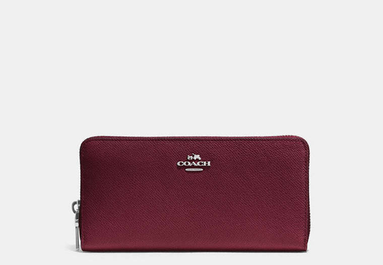 COACH®,ACCORDION ZIP WALLET,Leather,Silver/BURGUNDY,Front View