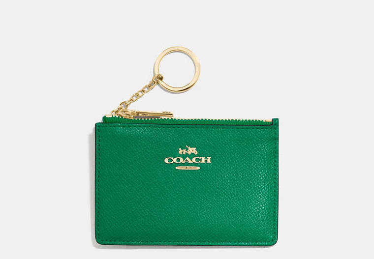 COACH®,MINI SKINNY ID CASE,Crossgrain Leather,Light Gold/Forest,Front View