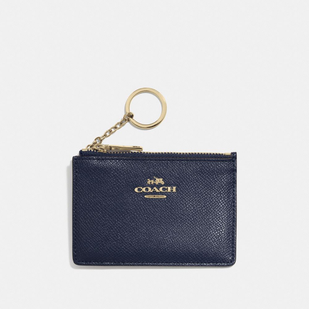COACH®,MINI SKINNY ID CASE,Crossgrain Leather,Light Gold/Navy,Front View