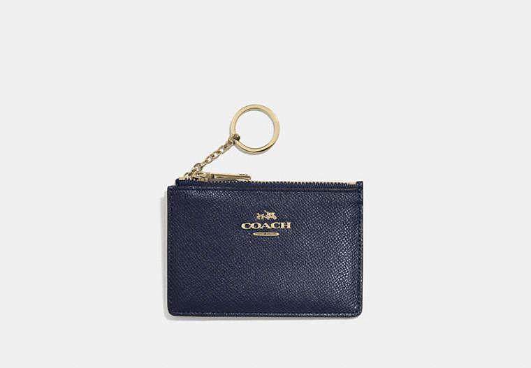 COACH®,MINI SKINNY ID CASE,Crossgrain Leather,Light Gold/Navy,Front View