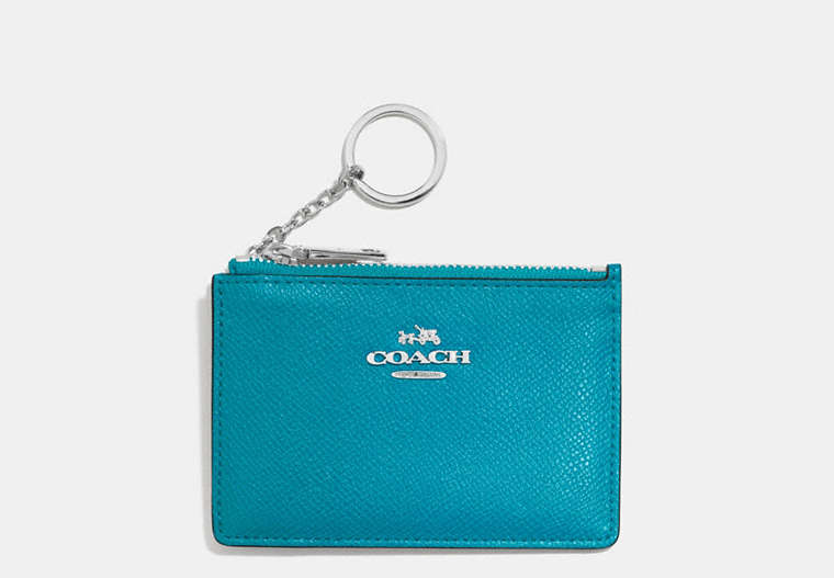 COACH®,MINI SKINNY ID CASE,Crossgrain Leather,Silver/TURQUOISE,Front View