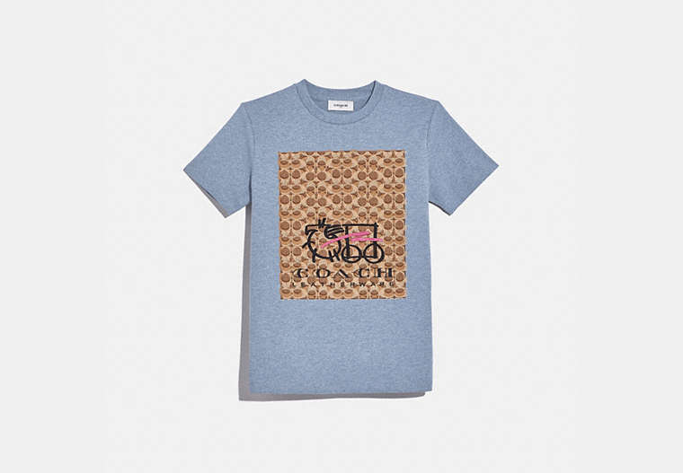 COACH®,ABSTRACT HORSE AND CARRIAGE SIGNATURE T-SHIRT,cotton,CHAMBRAY,Front View image number 0