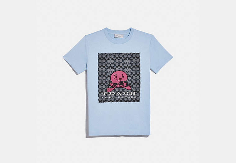 COACH®,HAPPY HORSE AND CARRIAGE SIGNATURE T-SHIRT,cotton,POWDER BLUE,Front View image number 0