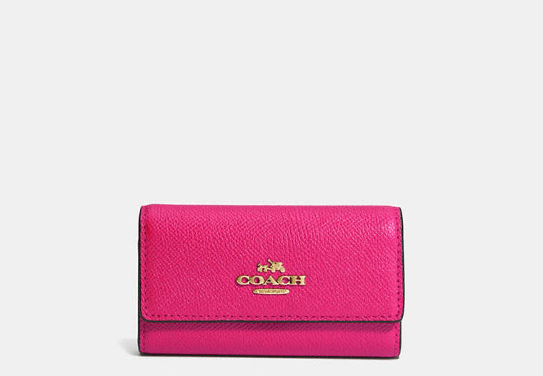 COACH®,6 RING KEY CASE IN EMBOSSED TEXTURED LEATHER,Leather,Light Gold/Cerise,Front View