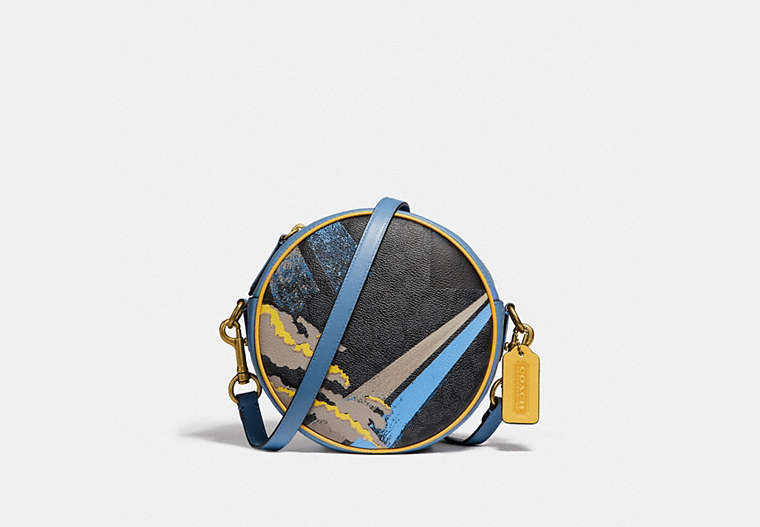 COACH®,CIRCLE CROSSBODY IN SIGNATURE CANVAS WITH ABSTRACT CLOUD PRINT,Coated Canvas,Small,Brass/Charcoal Slate,Front View
