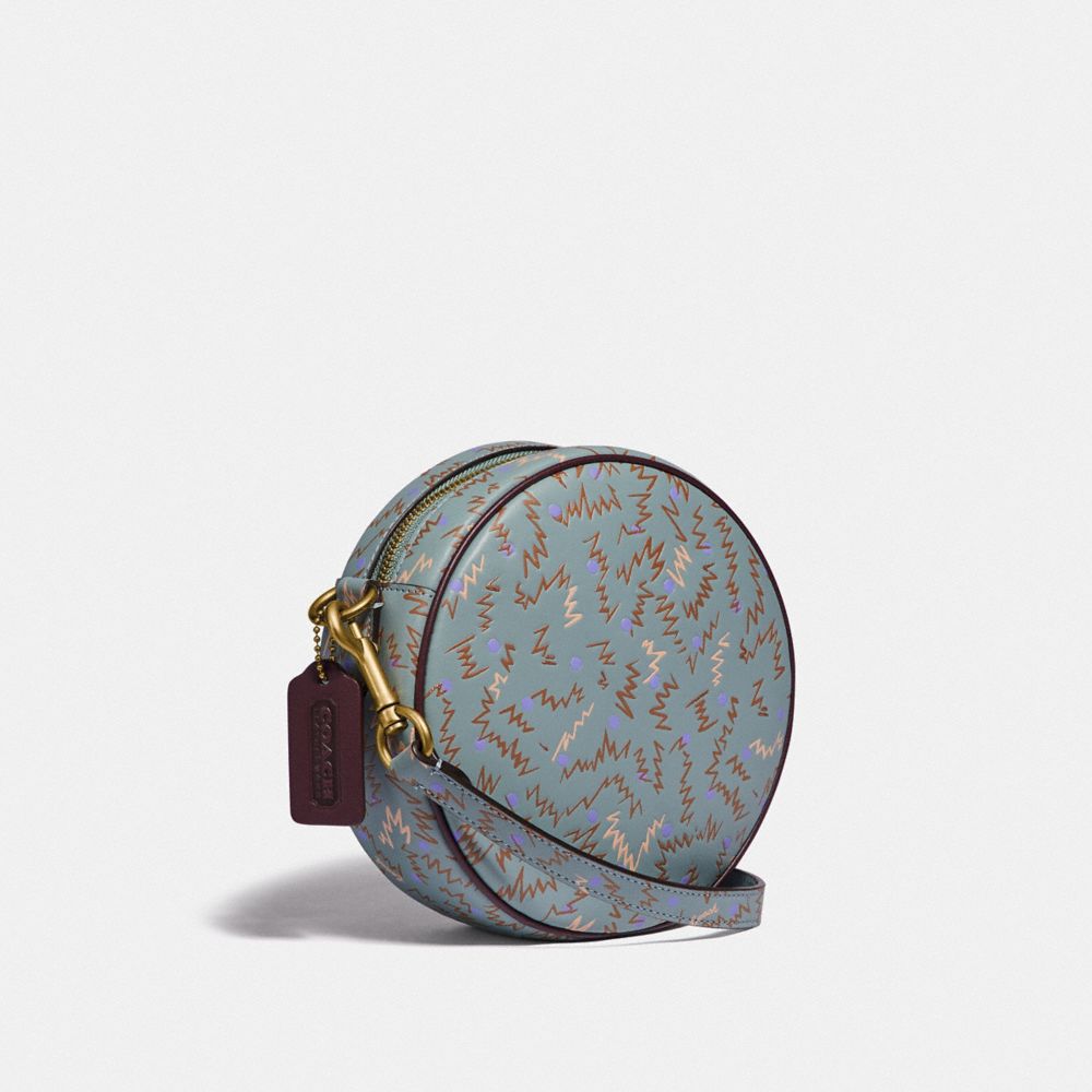 COACH®,CIRCLE CROSSBODY WITH SQUIGGLE PRINT,Coated Canvas,Small,Brass/SAGE,Angle View