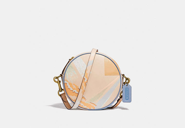 COACH®,CIRCLE CROSSBODY WITH ABSTRACT CLOUD PRINT,Coated Canvas,Small,Brass/Ivory,Front View