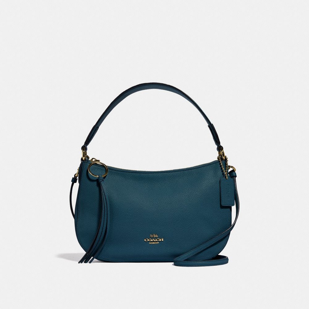 COACH®,SUTTON CROSSBODY,Leather,Gold/Peacock,Front View