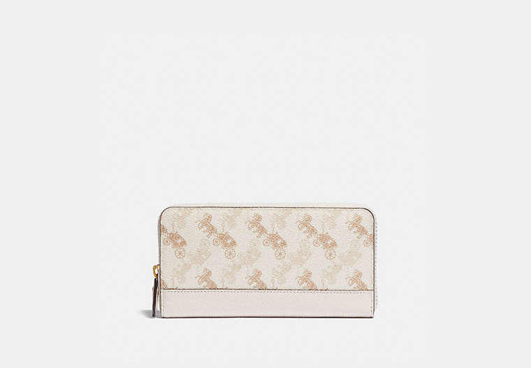 COACH®,ACCORDION ZIP WALLET WITH HORSE AND CARRIAGE PRINT,Leather,Mini,Brass/Chalk Taupe,Front View image number 0