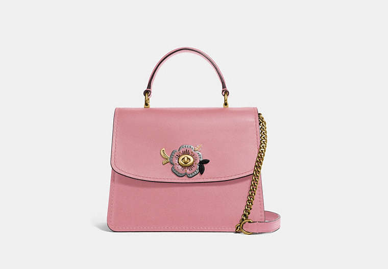COACH®,PARKER TOP HANDLE WITH TEA ROSE STONES,Leather,Medium,Brass/Light Blush,Front View