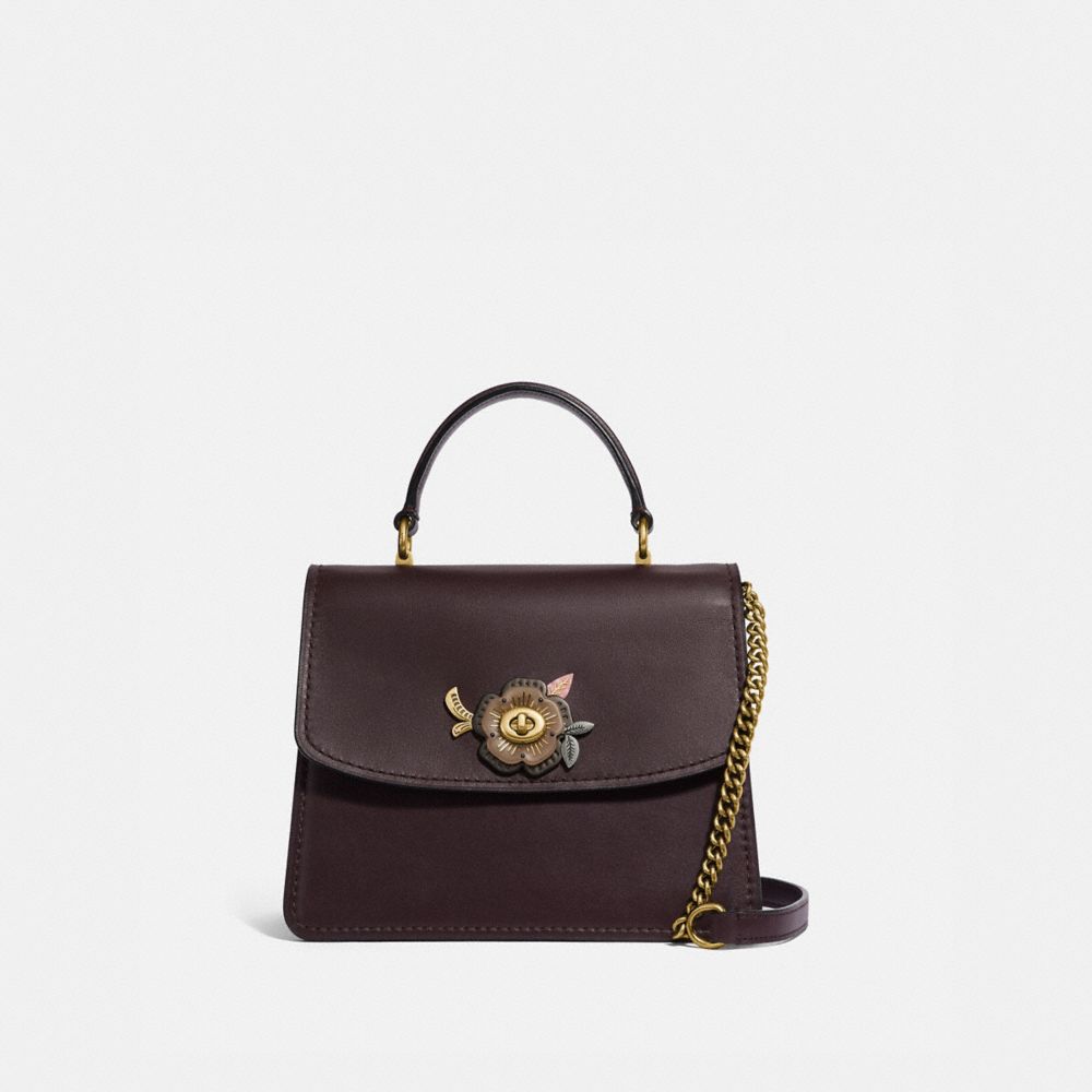 COACH®,PARKER TOP HANDLE WITH TEA ROSE STONES,Leather,Medium,Brass/Oxblood,Front View