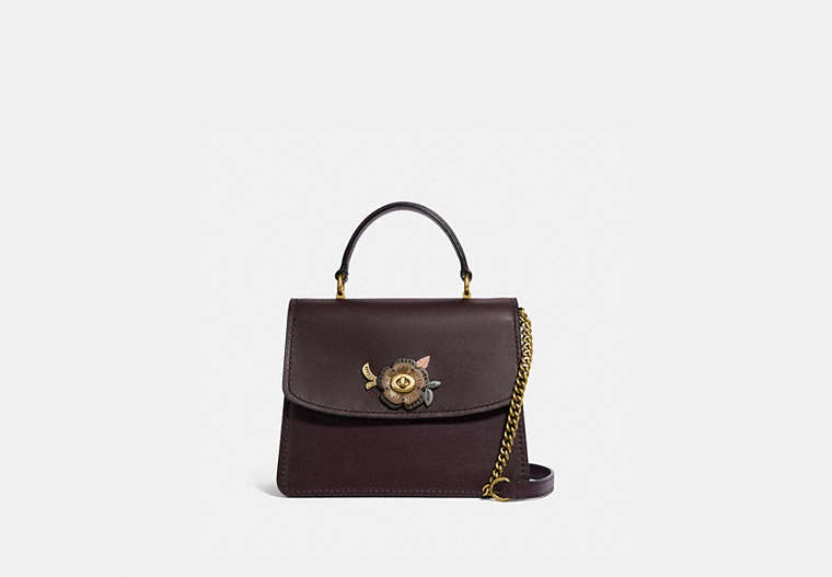 COACH®,PARKER TOP HANDLE WITH TEA ROSE STONES,Leather,Medium,Brass/Oxblood,Front View