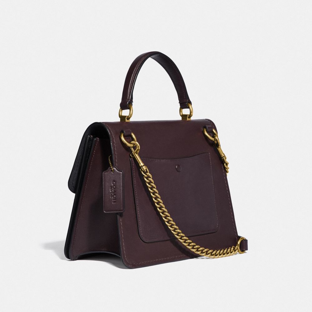 COACH®,PARKER TOP HANDLE WITH TEA ROSE STONES,Leather,Medium,Brass/Oxblood,Angle View
