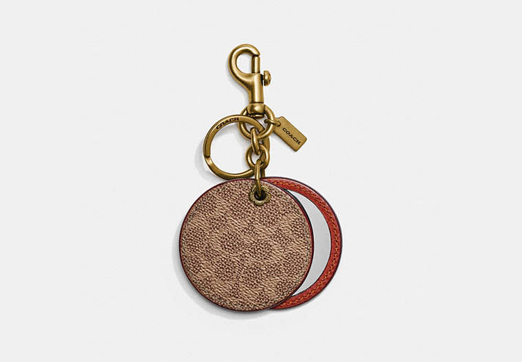 COACH®,MIRROR BAG CHARM IN SIGNATURE CANVAS,Signature Coated Canvas/Smooth Leather,Brass/Tan Sig C / Rust,Front View