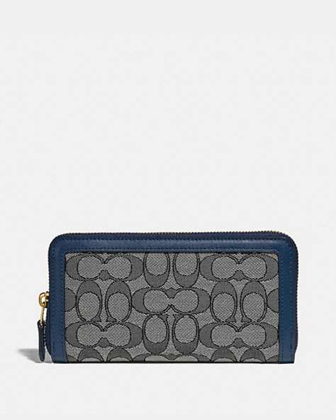 COACH®,ACCORDION ZIP WALLET IN SIGNATURE JACQUARD,Leather,Mini,Brass/Navy Midnight Navy,Front View