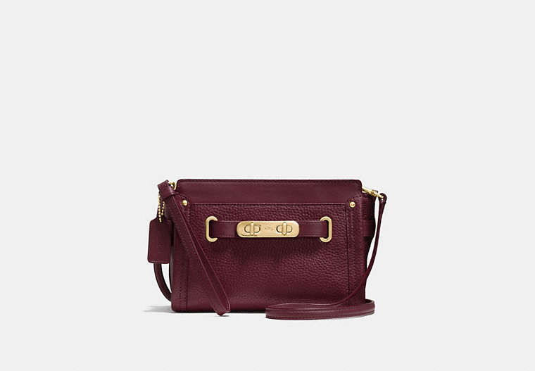 COACH®,COACH SWAGGER WRISTLET,Leather,Light Gold/Burgundy,Front View