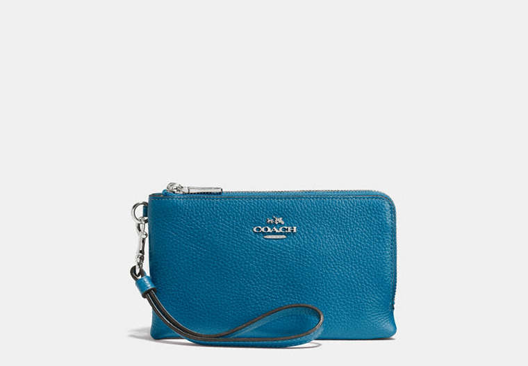 COACH®,DOUBLE CORNER ZIP WRISTLET,Leather,Silver/Peacock,Front View
