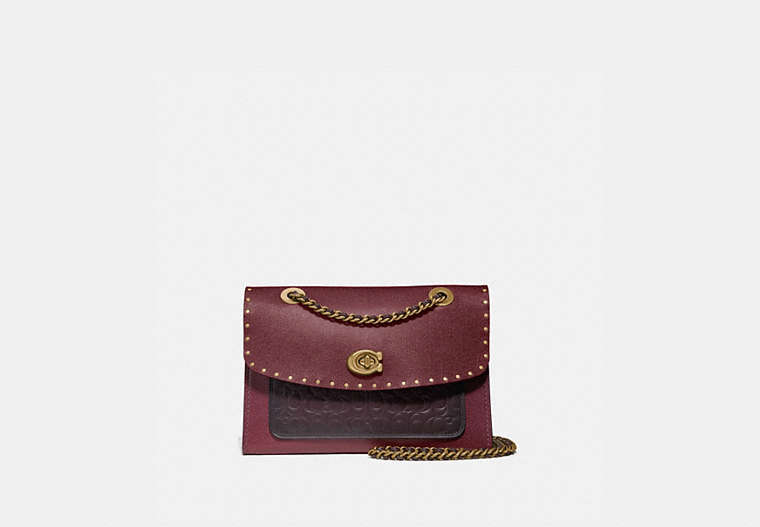 COACH®,PARKER IN SIGNATURE LEATHER WITH RIVETS,Leather,Medium,Brass/Oxblood Multi,Front View