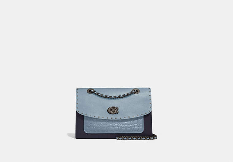 COACH®,PARKER IN SIGNATURE LEATHER WITH RIVETS,Leather,Medium,Pewter/Mist Multi,Front View