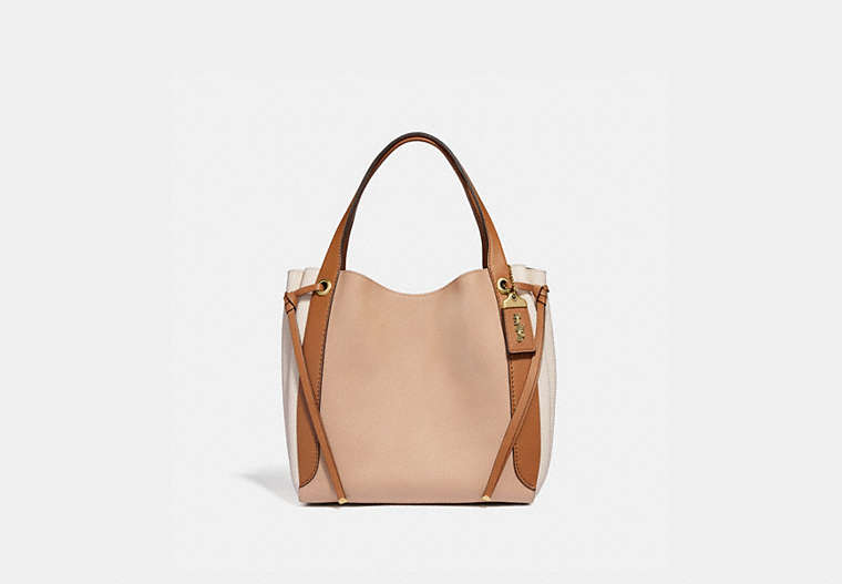 COACH®,HARMONY HOBO IN COLORBLOCK,Leather,Medium,Brass/Beechwood,Front View