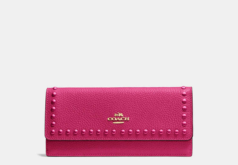 COACH®,SOFT WALLET IN POLISHED PEBBLE LEATHER WITH LACQUER RIVETS,Leather,Light Gold/Cerise,Front View