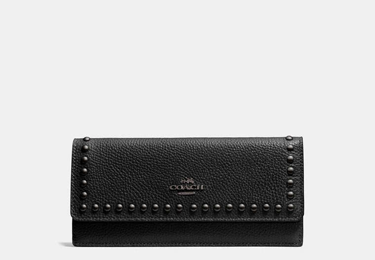 COACH®,SOFT WALLET IN POLISHED PEBBLE LEATHER WITH LACQUER RIVETS,Leather,Black Antique Nickel/Black,Front View