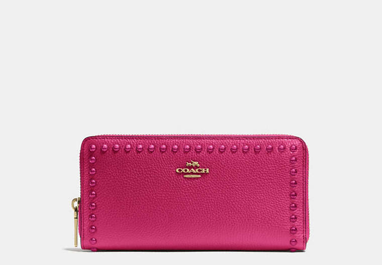 COACH®,ACCORDION ZIP WALLET WITH LACQUER RIVETS,Leather,Light Gold/Cerise,Front View