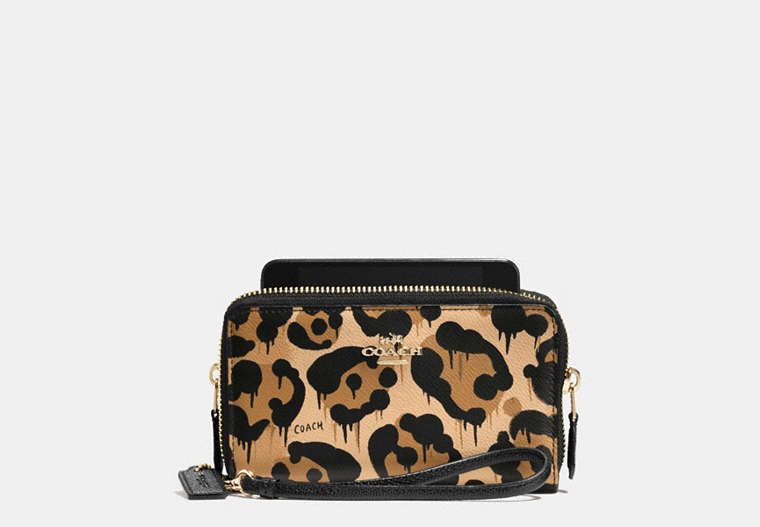 COACH®,DOUBLE ZIP PHONE WALLET IN WILD BEAST PRINT LEATHER,Leather,Light Gold/WILD BEAST,Front View