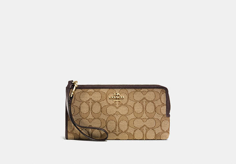 COACH®,ZIPPY WALLET IN SIGNATURE FABRIC,Logo Reps,Khaki/Brown/Light Gold,Front View