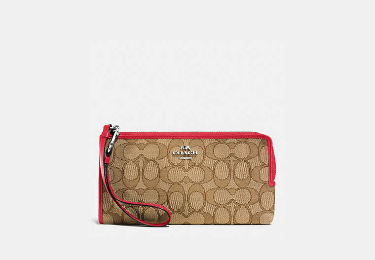 COACH®,ZIPPY WALLET IN SIGNATURE FABRIC,Logo Reps,Silver/Khaki/True Red,Front View