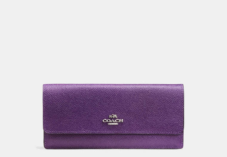 COACH®,SOFT WALLET IN CROSSGRAIN LEATHER,Leather,Silver/Violet,Front View