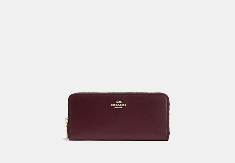 COACH®,SLIM ACCORDION ZIP WALLET,Leather,Light Gold/Oxblood,Front View image number 0