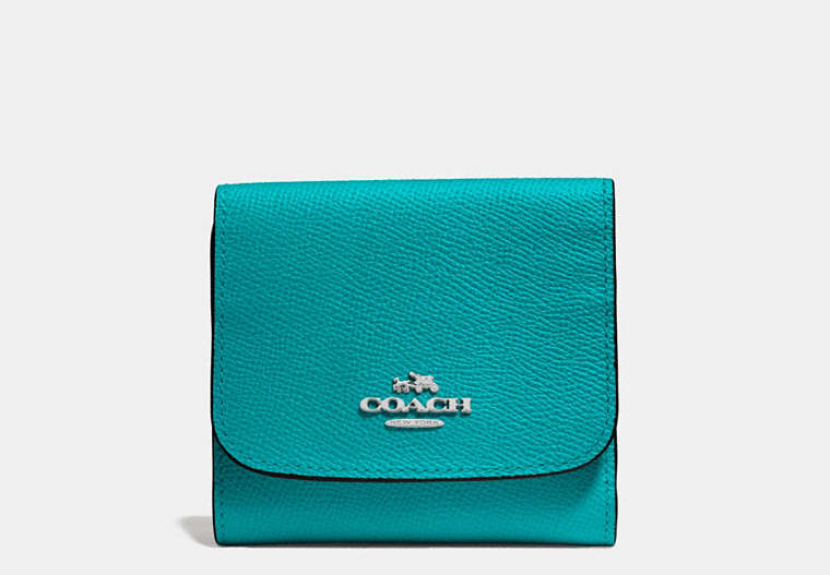 COACH®,SMALL WALLET IN CROSSGRAIN LEATHER,Leather,Silver/TURQUOISE,Front View