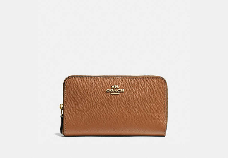 COACH®,MEDIUM ZIP AROUND WALLET IN CROSSGRAIN LEATHER,Leather,Light Gold/Saddle,Front View