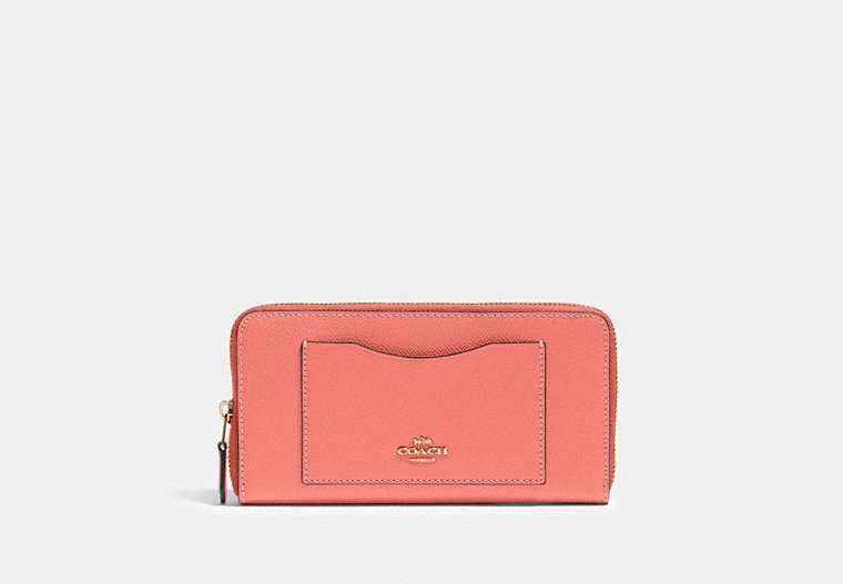 COACH®,ACCORDION ZIP WALLET,pusplitleather,Gold/Bright Coral,Front View
