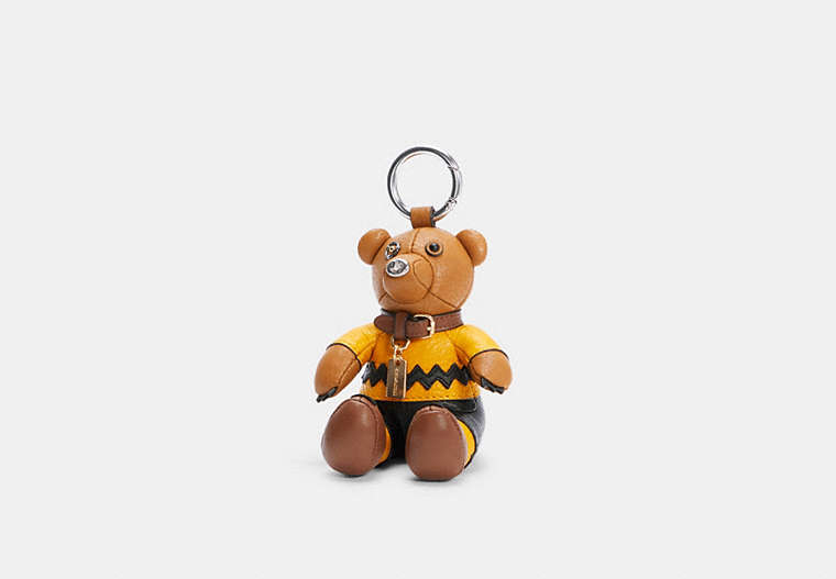 COACH®,COACH X PEANUTS CHARLIE BROWN BEAR COLLECTIBLE BAG CHARM,Leather,Mini,Silver/Light Saddle Multi,Front View