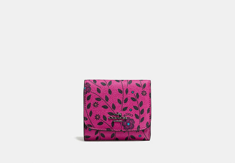 COACH®,SMALL WALLET WITH WILLOW FLORAL PRINT,Non Logo PVC,Gunmetal/Cerise Multi,Front View