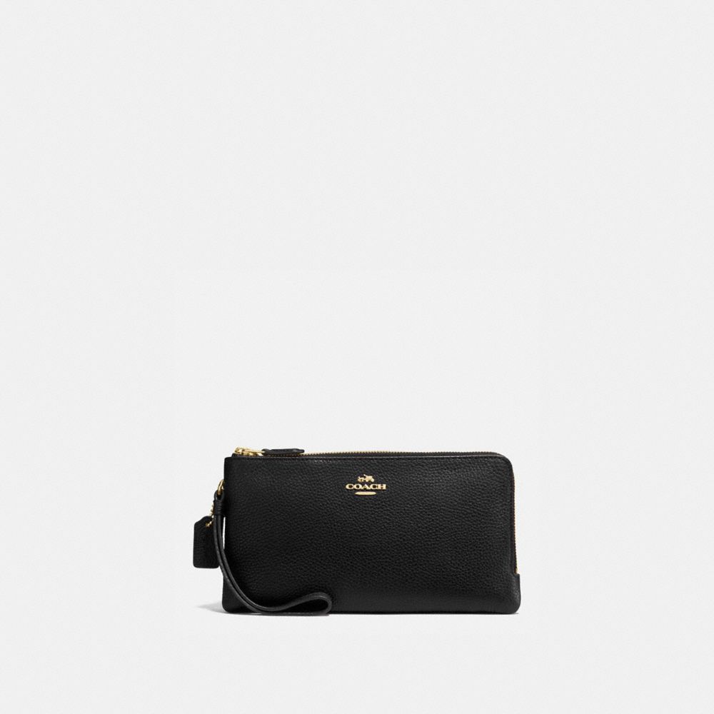 COACH®,PORTEFEUILLE DOUBLE ZIP,Cuir,Or Clair/Noir,Front View
