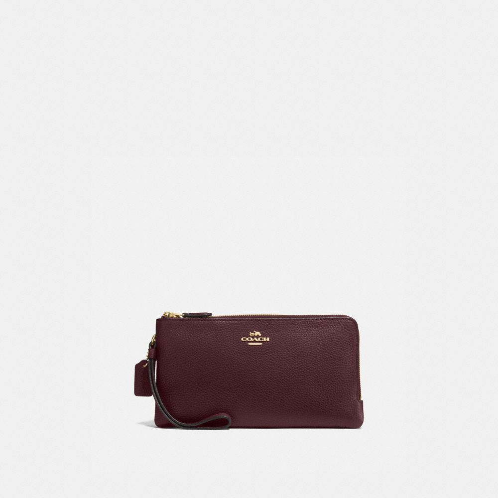 COACH®,DOUBLE ZIP WALLET,Leather,Light Gold/Oxblood,Front View