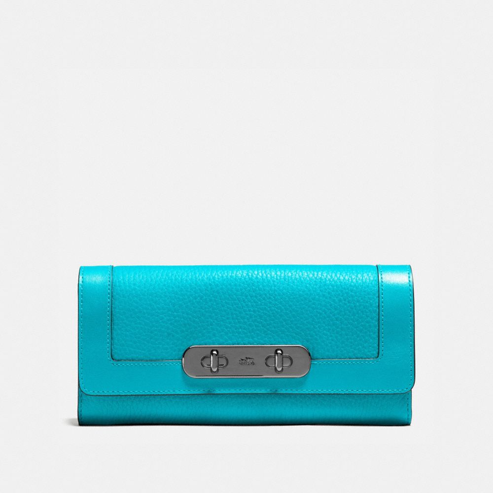 COACH®,COACH SWAGGER SLIM ENVELOPE WALLET,Leather,Gunmetal/TURQUOISE,Front View