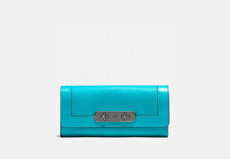 COACH®,COACH SWAGGER SLIM ENVELOPE WALLET,Leather,Gunmetal/TURQUOISE,Front View